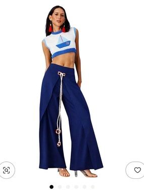 My Beachy Side x Emily in Paris Pants Wide Leg Trousers Wrap Tie Blue Cotton S